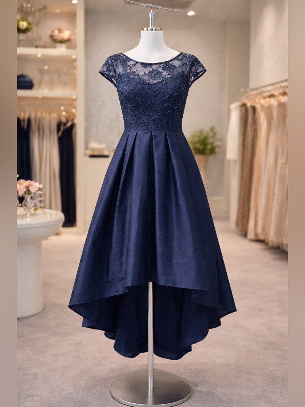 Adrianna Papell Navy Lace Hi-Low Dress | Size 12
